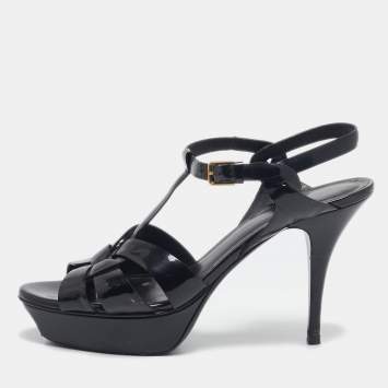 Pre Owned Yves Saint Laurent Black Patent Leather Ankle Strap Sandals Size 39
