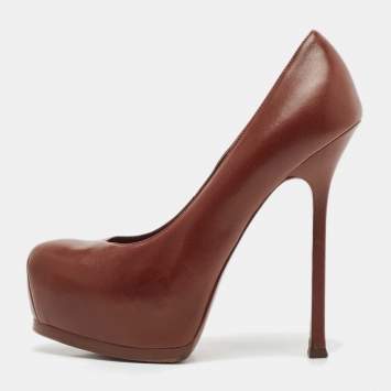 Pre Owned Yves Saint Laurent Brown Leather Tribtoo Platform Pumps Size 38