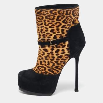 Pre Owned Yves Saint Laurent Black/Brown Calf Hair and Suede Ankle Length Boots Size 38.5
