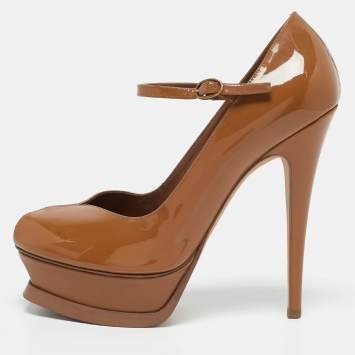 Yves Saint Laurent Brown Patent Leather Mary Jane Pumps Size 37.5