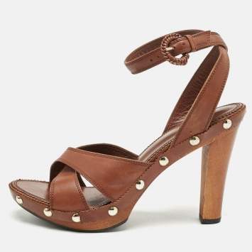 Yves Saint Laurent Brown Leather Platform Ankle Strap Sandals Size 39