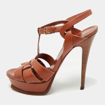 Pre Owned Yves Saint Laurent Brown Leather Tribute Ankle Strap Sandals Size 38