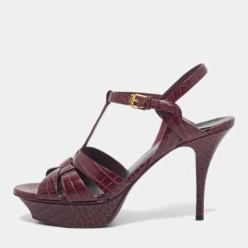 Pre Owned Yves Saint Laurent Burgundy Croc Embossed Leather Tribute Sandals Size 40.5