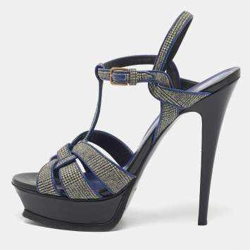 Pre Owned Yves Saint Laurent Blue/Grey Leather and Canvas Tribute Sandals Size 40