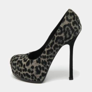Pre Owned Saint Laurent Grey/Black Leopard Print Calf Hair Platform Pumps Size 36.5