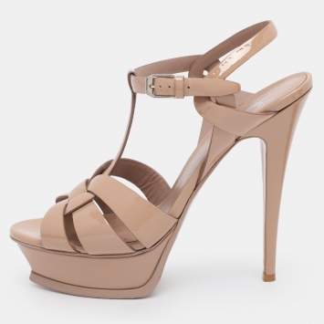 Pre Owned Yves Saint Laurent Beige Patent Leather Platform Sandals Size 39