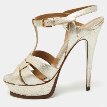 Pre Owned Yves Saint Laurent Metallic Leather Tribute Platform Sandals Size 38