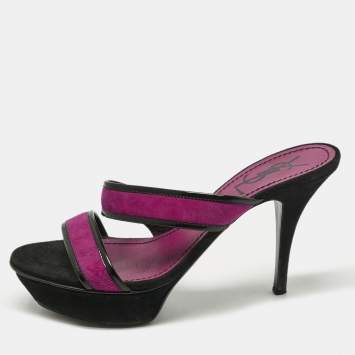 Pre Owned Yves Saint Laurent Purple/Black Patent Leather and Suede Slide Sandals Size 38.5