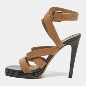 Pre Owned Yves Saint Laurent Beige Leather Ankle Wrap Sandals Size 38