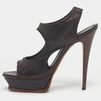 Pre Owned Yves Saint Laurent Brown Leather Ankle Strap Platform Sandals Size 37.5