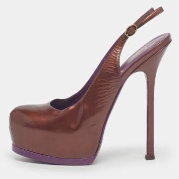 Pre Owned Yves Saint Laurent Burgundy Patent Leather Tribtoo Platform Slingback Pumps Size 37