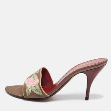 Pre Owned Yves Saint Laurent Brown Leather and Satin Flower Embroidered Slide Sandals Size 37.5