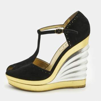 Pre Owned Yves Saint Laurent Black Suede Wedge Pumps Size 38