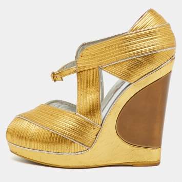 Pre Owned Yves Saint Laurent Metallic Gold Leather Peep Toe Platform Wedge Pumps Size 37
