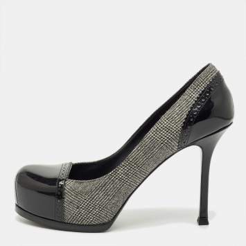 Pre Owned Yves Saint Laurent Black/Grey Tweed and  Patent Leather Platform Pumps Size 37.5
