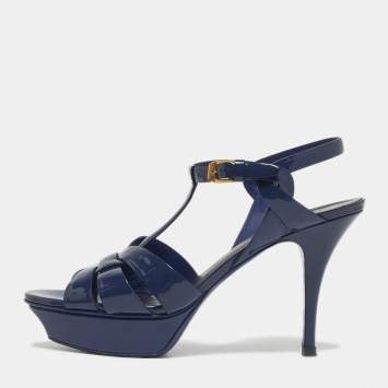 Pre Owned Yves Saint Laurent Navy Blue Patent Leather Tribute Platform Sandals Size 39