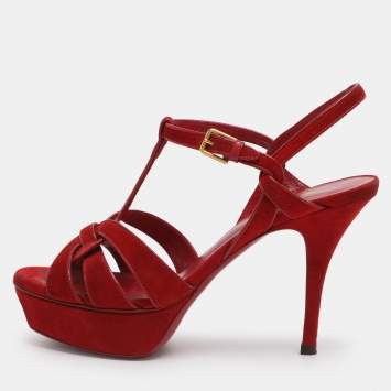 Pre Owned Yves Saint Laurent Red Suede Tribute Sandals Size 35.5