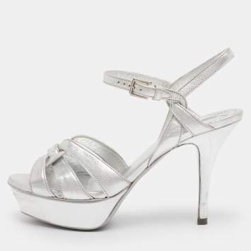 Pre Owned Yves Saint Laurent Silver Metallic Leather Tribute Platform Sandals Size 35.5
