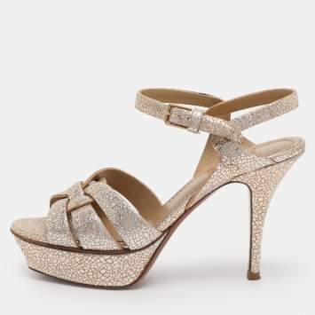 Pre Owned Saint Laurent Gold Textured Leather Tribute Platform Sandals Size 36