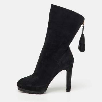 Pre Owned Yves Saint Laurent Black Nubuck Leather Tassel Mid Calf Platform Boots Size 37.5