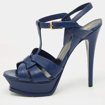 Pre Owned Yves Saint Laurent Navy Blue Leather Tribute Platform Sandals Size 38.5