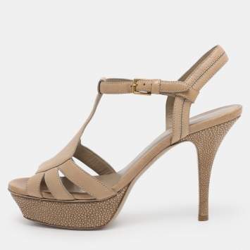 Pre Owned Yves Saint Laurent Beige Leather and Stingray Leather Platform Sandals Size 37