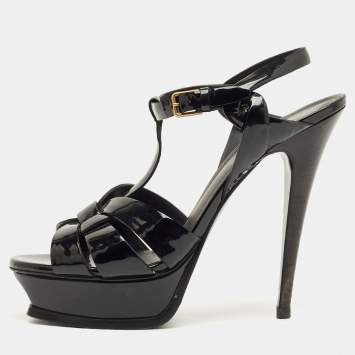 Pre Owned Yves Saint Laurent Black Patent Leather Tribute Platform Sandals Size 39