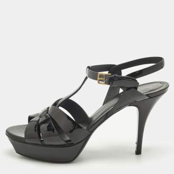Pre Owned Yves Saint Laurent Tribute Size 39.5 Black Patent Leather Platform Sandals