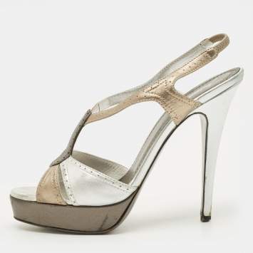 Pre Owned Yves Saint Laurent Size 38.5 Silver Leather Ankle Strap Sandals