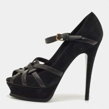 Pre Owned Yves Saint Laurent Size 38 Black Leather and Suede Strappy Platform Pumps