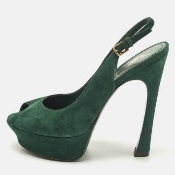 Pre Owned Yves Saint Laurent Size 38 Green Suede Platform Slingback Pumps