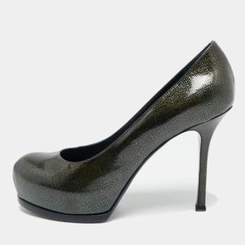 Pre Owned Yves Saint Laurent Tribtoo Size 37 Dark Green Patent Leather Platform Pumps
