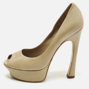 Pre Owned Yves Saint Laurent Palais Size 36 Beige Leather Platform Peep Toe Pumps
