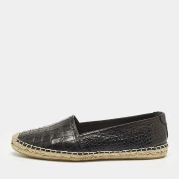 Pre Owned Yves Saint Laurent Cassandre Size 40 Black Croc Embossed Leather Espadrille Loafers