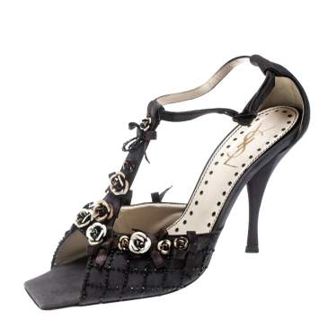 Pre Owned Saint Laurent Paris Black Canvas Fabric Embellished Floral T-Strap Open Toe Sandals Size 38