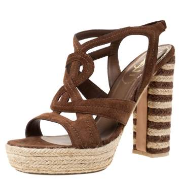 Pre Owned Saint Laurent Brown Suede Caged Platform Espadrille Sandals Size 39.5