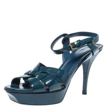 Pre Owned Yves Saint Laurent Teal Patent Leather Tribute Platform Sandals Size 38.5