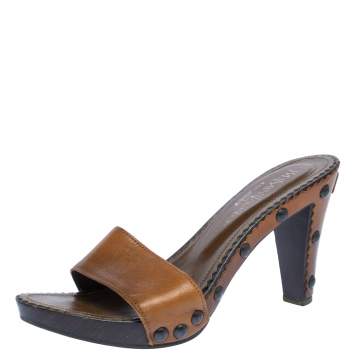 Pre Owned Yves Saint Laurent Brown Leather Wooden Slide Sandals Size 38