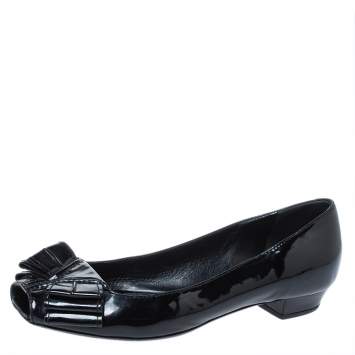 Pre Owned Yves Saint Laurent Black Patent Leather Bow Peep Toe Ballet Flat Size 35