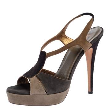 مملوكة مسبقًا Yves Saint Laurent Tri Color Suede Slingback Platform Sandals Size 40.5