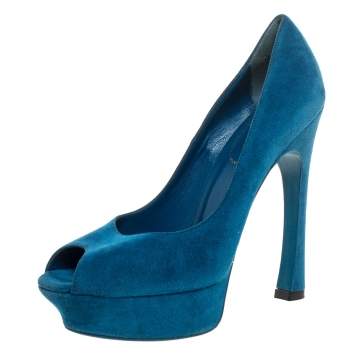 مملوكة مسبقًا Yves Saint Laurent Teal Blue Suede Palais Platform Peep Toe Pumps Size 39.5