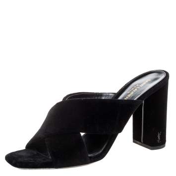 Pre Owned Saint Laurent Paris Black Velvet LouLou Cross Strap Sandals Size 41