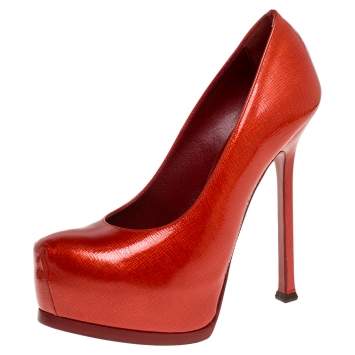 Pre Owned Yves Saint Laurent Red Patent Leather Tribtoo Platform Pumps Size 37.5