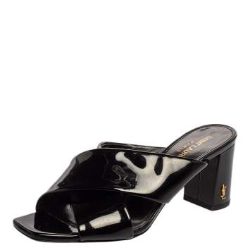 Pre Owned Saint Laurent Paris Black Patent Leather Loulou Criss Cross Mules Size 36.5