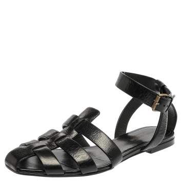 Pre Owned Saint Laurent Paris Black Leather Ankle Strap Flats Size 40.5