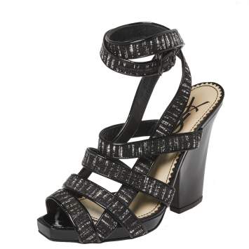 Pre Owned Saint Laurent Monochrome Fabric And Patent Leather Trim Ankle Wrap Sandals Size 37