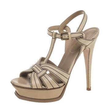 Pre Owned Saint Laurent Beige/Black Leather Tribute Sandals Size 38
