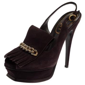 Pre Owned Saint Laurent Dark Brown Suede Tribute Fringe Chain Detail Platform Sandals Size 37.5