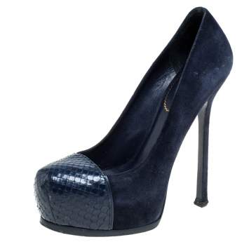 مملوكة مسبقًا Saint Laurent Blue Suede And Python Tribtoo Platform Pumps Size 38.5