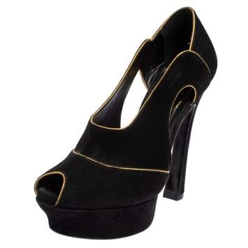 Pre Owned Yves Saint Laurent Black Cut Out Suede Palais Peep Toe Platform Pumps Size 36